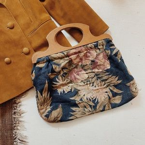 Vintage Floral Cloth Handbag w/ Wooden Handle
